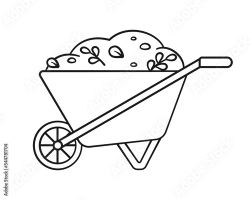 Wheelbarrow with dirt soil cute cartoon outline line art illustration. Gardening farming agriculture coloring book page activity worksheet for kids