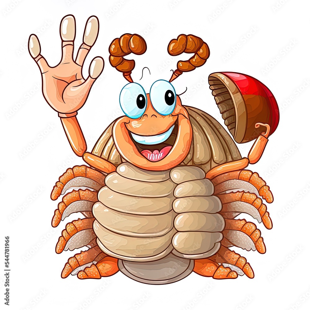 Happy Hermit Crab Cartoon Character In A Shell Waving For Greeting. Raster  Hand Drawn Illustration Isolated On White Background Stock Illustration |  Adobe Stock
