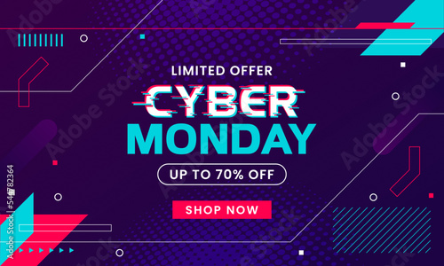 Cyber Monday Sale abstract background. For advertising poster or banner design with blue purple retro futuristic memphis style background