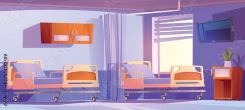 Hospital chamber with modern medical beds separated with curtains. Room with couches on wheels, clinic with comfortable sleeping place for patients and therapeutic treatment, vector illustration