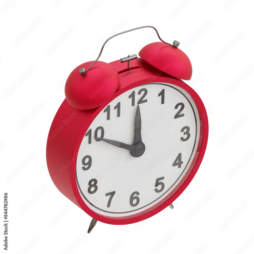 Red alarm clock isolated on transparent background. 10 minutes to 12. 3d illustration. Isometric view	