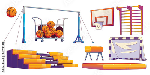 School gym, sport court equipment with basketballs balls in cart, basket on wall, soccer gate mat, bars, tribune and pommel horse isolated on white background, vector set in contemporary style