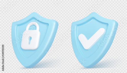 3d render shield with padlock and tick sign. Concept of privacy, good password, secure data protection, computer or phone access security, verification system Illustration in cartoon plastic style