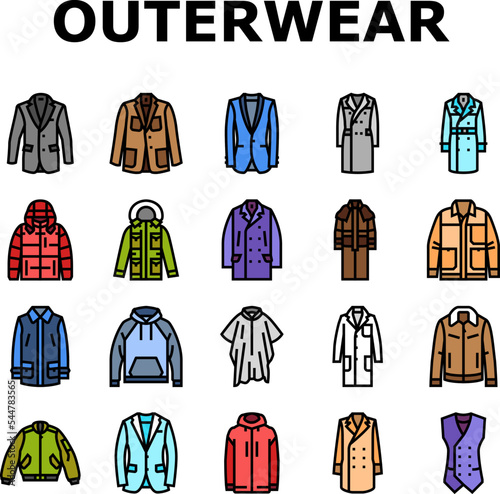 outerwear male clothing casual fashion icons set vector. clothes jacket  style apparel  garment wear  manwinter  coat male design trendy outerwear clothing casual fashion color line illustrations