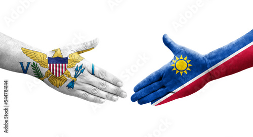 Handshake between Namibia and Virgin Islands flags painted on hands, isolated transparent image.