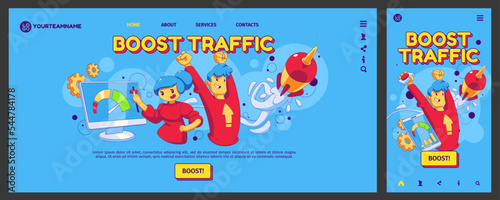 Boost traffic landing page, app ui ux onboard screen. Business and social media concept with contemporary characters team working together to optimize internet connection speed Linear vector templates