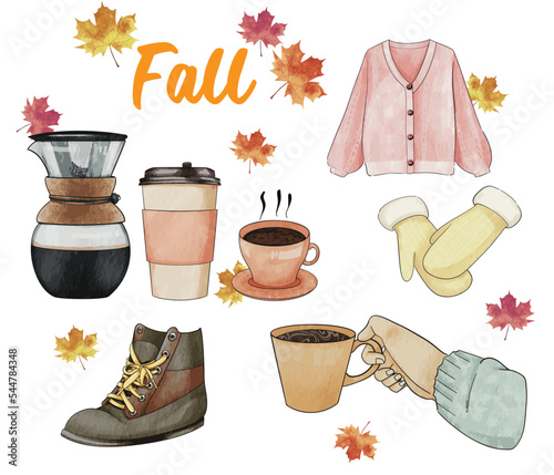 Set of cute autumn watercolor elements. Scrapbooking elements collection: Sweaters, winter gloves, coffee maker, paper cups, coffee mugs and boots. Leaf fall elements for fall holidays design elements
