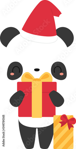 Cute panda bear cartoon characters wearing Santa hat and scarf, holding gift box. Festive Christmas holiday season concept. Flat design illustration.