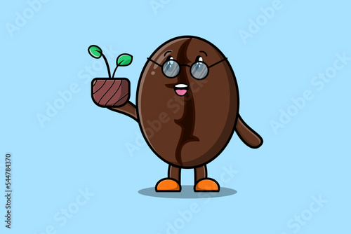 Cute cartoon illustration Coffee beans holding plant in a pot flat modern style design 