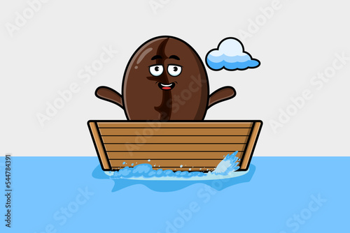 cute cartoon Coffee beans get on boat in vector character illustration