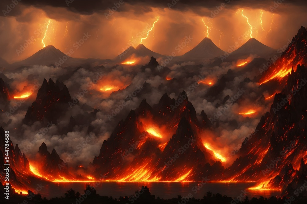 Vulcano scene fire smoke lighting 3d render 3d illustration