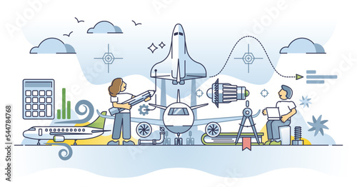 Aerospace engineering with aviation knowledge specialty outline concept. Technical education for airplane, space shuttle or jet turbines performance vector illustration. Mechanical work occupation.