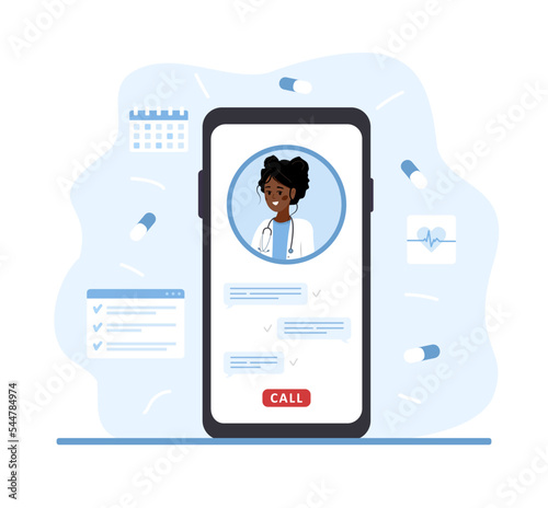 Online doctor. African woman therapist on smartphone with video call. Virtual medical consultation and support. Telemedicine concept. Healthcare service. Vector illustration in flat cartoon style.