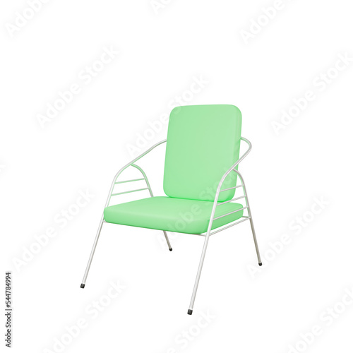 3D realistic chair. A white steel frame chair with green cushions, mock up object. 3D Render illustration.