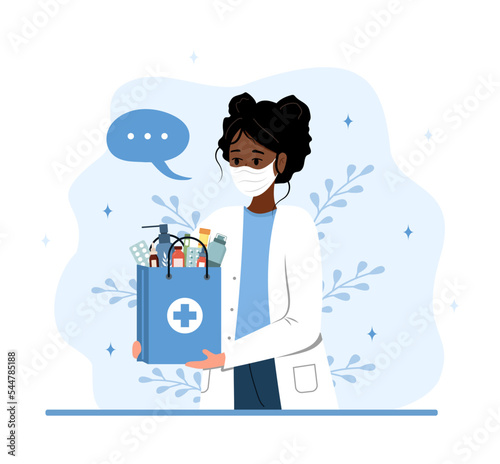 Delivery pharmacy service. African female pharmacist in mask holding paper bag with drugs and pills. Online medicine concept. Vector illustration in flat cartoon style.