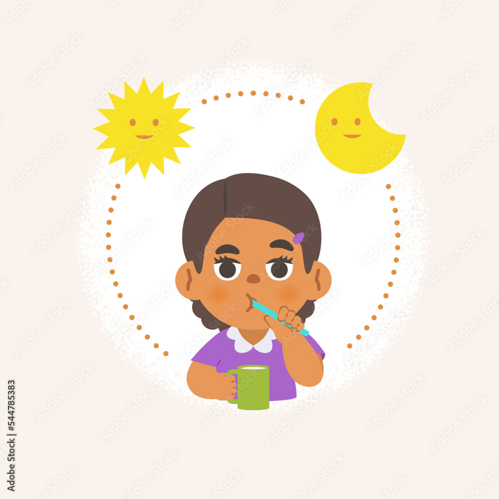 a black girl cleaning teeth with toothbrush by brushing teeth with circle and sun and moon, meaning is daily routine daytime and nighttime brushing teeth. illustration cartoon character vector design. a black girl cleaning teeth with toothbrush by brushing teeth with circle and sun and moon, meaning is daily routine daytime and nighttime brushing teeth. illustration cartoon character vector design.
