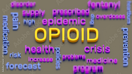 Opioid crisis word cloud 3d illustration. Combat opioid crisis.  photo