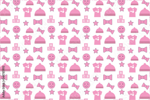 Seamless baby pattern decoration with pink toy elements vector for backdrops. Abstract childish pattern design for book covers, wallpapers, and backgrounds. Endless pattern vector with baby toys.