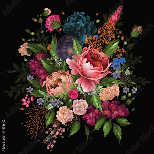 hand painted lush floral bouquet with different color peony flowers  wild flowers and leaves. Botanical artistic mixed media painting on black background.