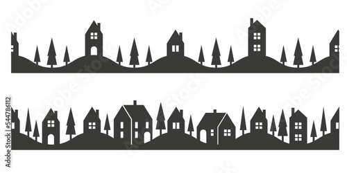 Silhouette of houses on the skyline. Suburban neighborhood landscape. Countryside cottage homes. Glyph vector seamless illustration.