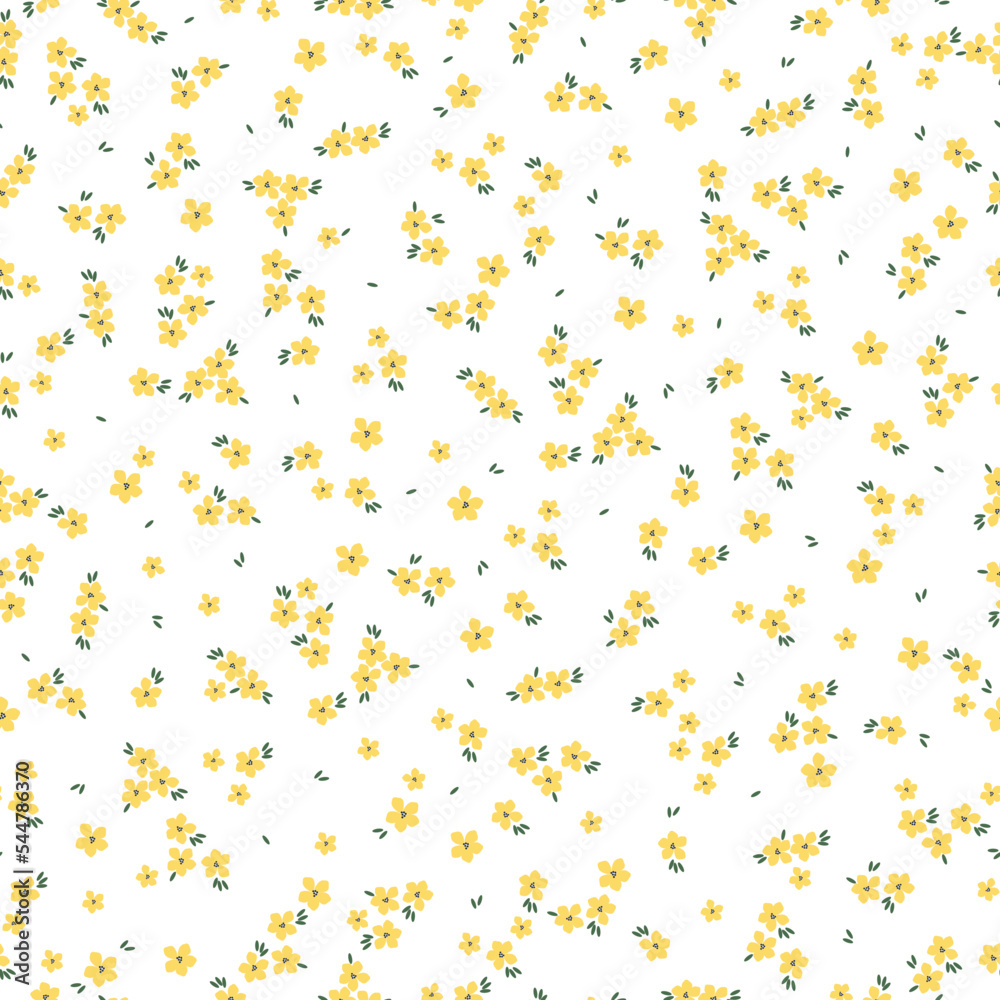 Cute floral pattern. Seamless vector texture. An elegant template for fashionable prints. Print with small yellow flowers, green leaves. white background. Cute floral pattern. Seamless vector texture. An elegant template for fashionable prints. Print with small yellow flowers, green leaves. white background.