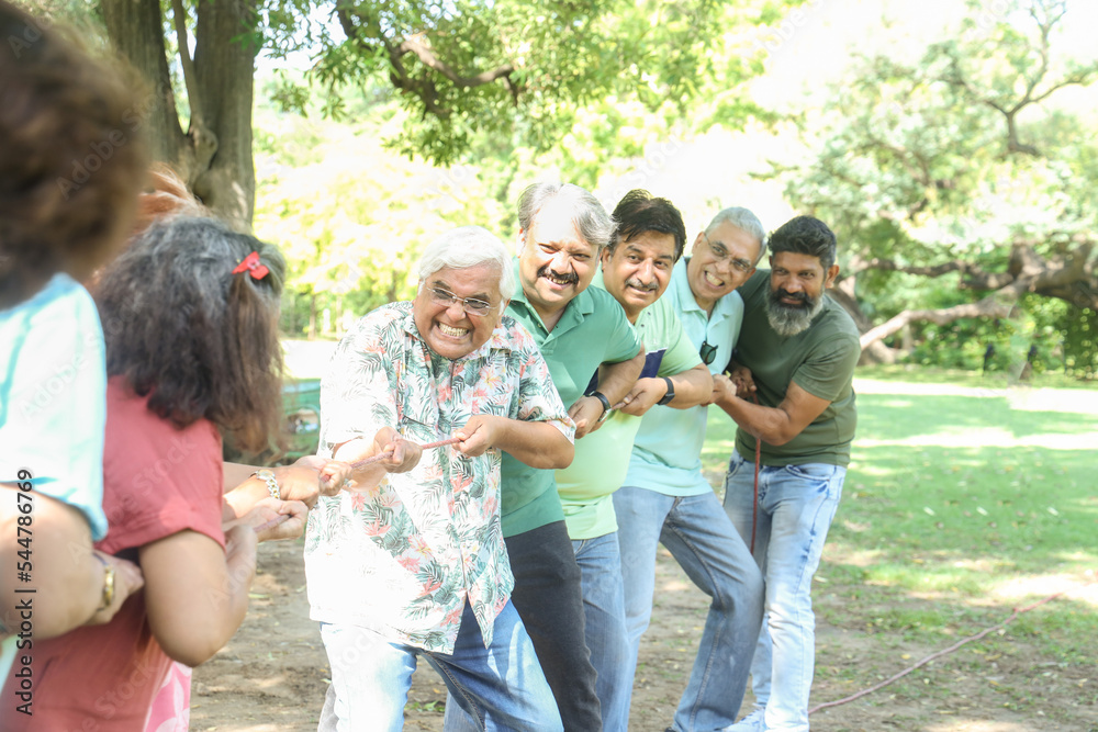 Group Of Senior Indian People Playing Tug War Outdoor In Park. Retirement life. Group Of Senior Indian People Playing Tug War Outdoor In Park. Retirement life.