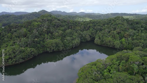 Copperlode Dam (Lake Morris) Surrounded With Lush Tropical Vegetation In Cairns, North Queensland, Australia - aerial drone shot photo