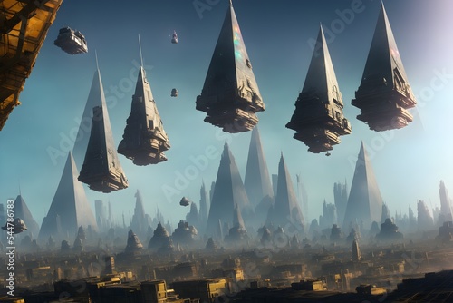 Futurisctic city with flying piramids 3d render 3d illustration photo