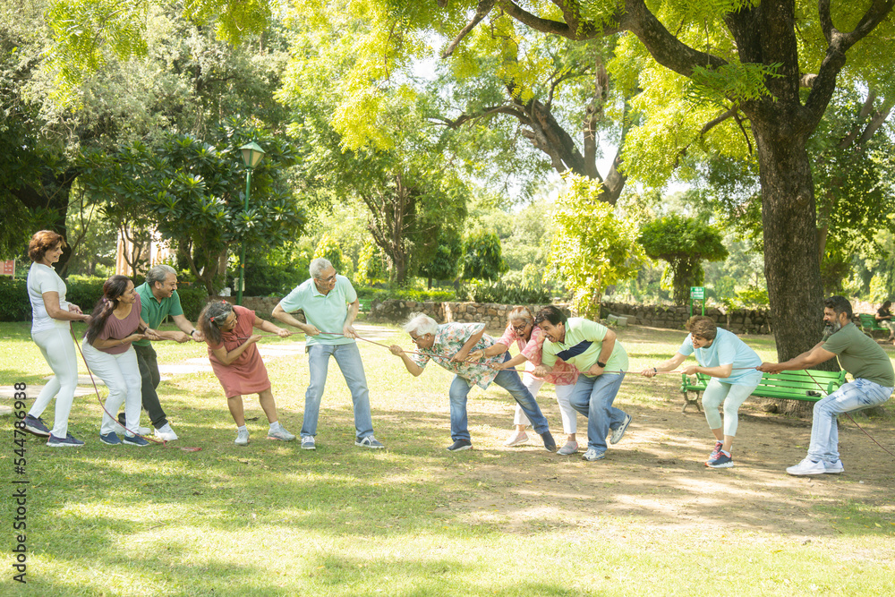 Group Of Senior Indian People Playing Tug War Outdoor In Park. Retirement life. Group Of Senior Indian People Playing Tug War Outdoor In Park. Retirement life.