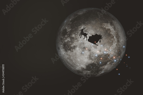 Print op canvas nighttime full moon reindeer Along with Uncle Santa, float by.3D