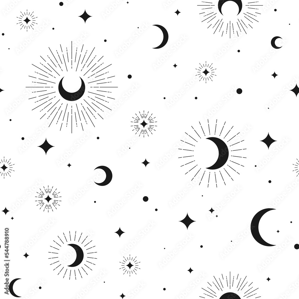 Seamless pattern with black half moon, crescents, stars and sparkles on black background. Night, sky, dream, sleep ornament. Mystic, magic, sorcery wallpaper. Celestial print. birth chart.
