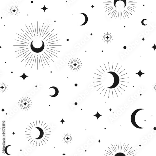 Seamless pattern with black half moon, crescents, stars and sparkles on black background. Night, sky, dream, sleep ornament. Mystic, magic, sorcery wallpaper. Celestial print. birth chart.