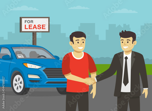 Young male character is purchasing a car. Manager congratulates and shaking male customer's hand. Close-up view. Flat vector illustration template.