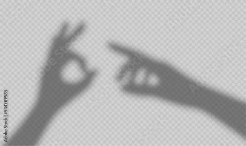 Shadow hand, human arm shades, ok and pointing gestures overlay effect isolated on transparent background. Person show okay and point gesticulation signs on wall Realistic vector illustration