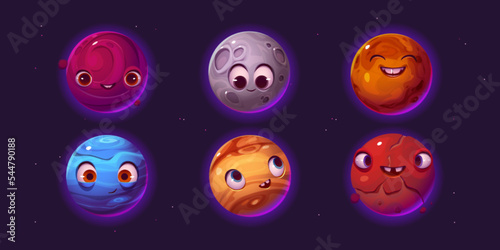 Cute planets cartoon characters, fantasy ui space game cosmic objects set. Different colorful galaxy or universe personages with funny smiling faces, craters and textured surface, Vector illustration