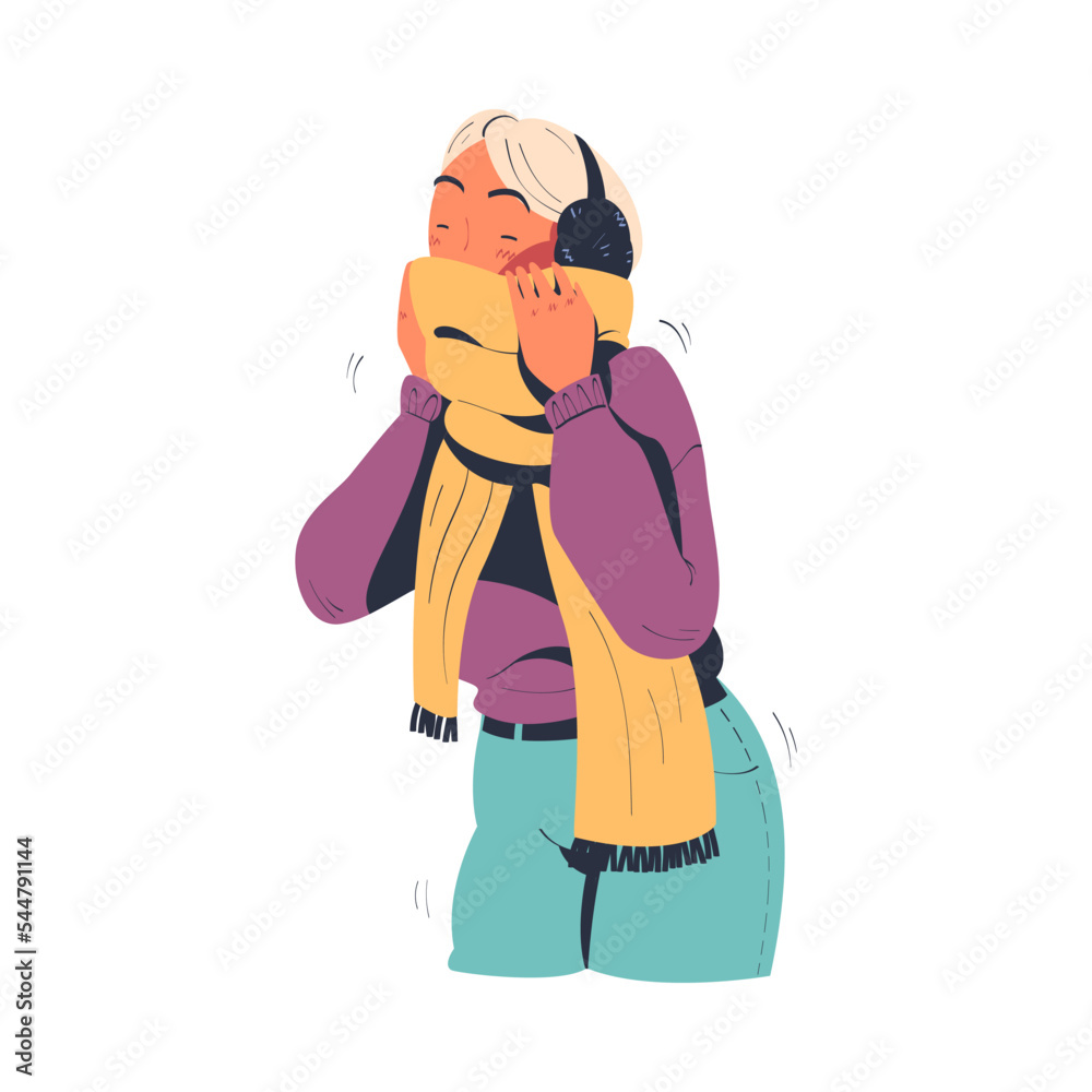 Young woman freezing wearing warm clothes, scarf and earmuffs. Girl trying to warm during winter or autumn season cartoon vector illustration Young woman freezing wearing warm clothes, scarf and earmuffs. Girl trying to warm during winter or autumn season cartoon vector illustration
