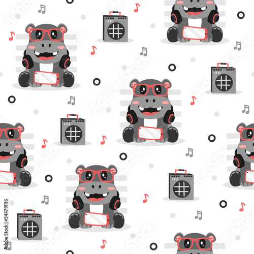 Cute hippo cartoon vectors pattern background.