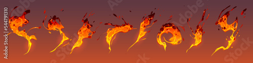 Liquid lava splashes with fire and drops. Molten magma waves and splatters volcanic eruption effect with flying and falling hot lava flows, vector cartoon illustration