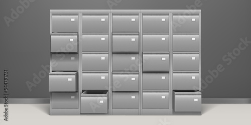 File cabinet, office archive storage with drawers for documents, paper data, library or registry cards. Metal cabinet for paperwork organization, vector realistic illustration