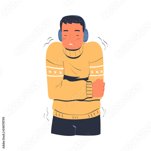Man freezing and shivering wearing knitted sweater and earmuffs. Guy trying to warm during winter or autumn season cartoon vector illustration