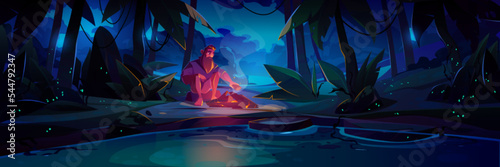 Alone lost man in jungle at night. Dark forest landscape with trees, lake, lonely character with beard and campfire. Concept of survive in uninhabited rainforest, vector cartoon illustration