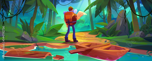 Tourist with map and backpack stand at jungle forest landscape with wooden boat in lake and tropical vegetation around. Hiking, travel adventure, traveler in rainforest Cartoon vector illustration