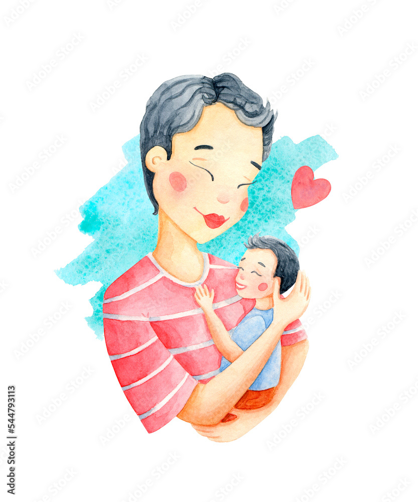 Mother and son watercolor illustration isolated on transparent background. Mom and kid on blue color paint spot poster, card. Mother's day design. Family hugs print. Woman and child painting. Mother and son watercolor illustration isolated on transparent background. Mom and kid on blue color paint spot poster, card. Mother's day design. Family hugs print. Woman and child painting.