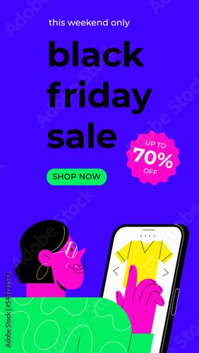  Black Friday Sale stories template. Woman making online shopping.