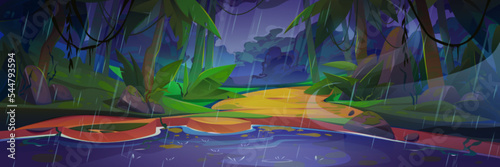 Rain in tropical jungle forest with lake. Summer rainforest landscape with river, path, plants, trees and lianas at rainy weather in evening, vector cartoon illustration
