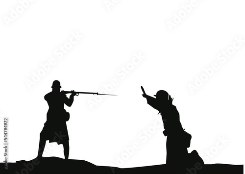 Germany soldier surrender with raised hands in kneel vector illustration. Occupier officer in battle defeated soldiers surrendering. 