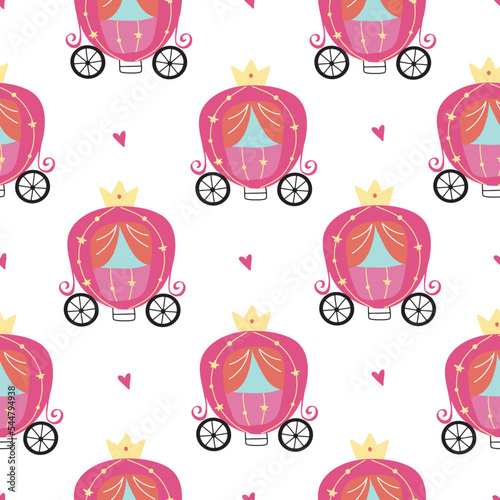 Childish seamless pattern of princess carriage hand drawn on white background for your design