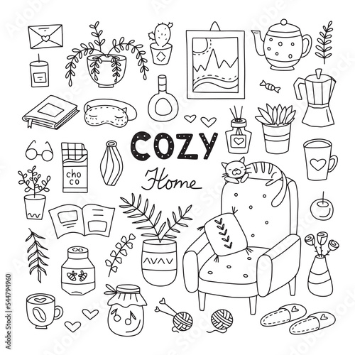 Cute vector set of hand drawn doodles about home comfort, quarantine, work at home. Isolated on white background.