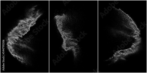 Set of distressed white grainy texture. Dust overlay textured. Grain noise particles. Snow effects pack. Rusted black background. Vector illustration, EPS 10.   