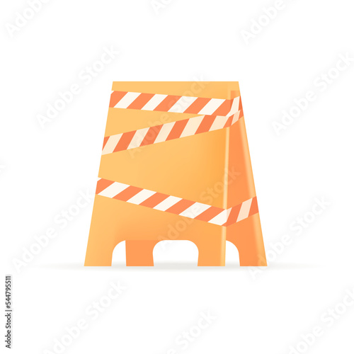 Yellow caution barrier with striped tape 3D icon. Roadwork or construction board or barricade sign 3D vector illustration on white background. Protection, prevention, safety, danger concept